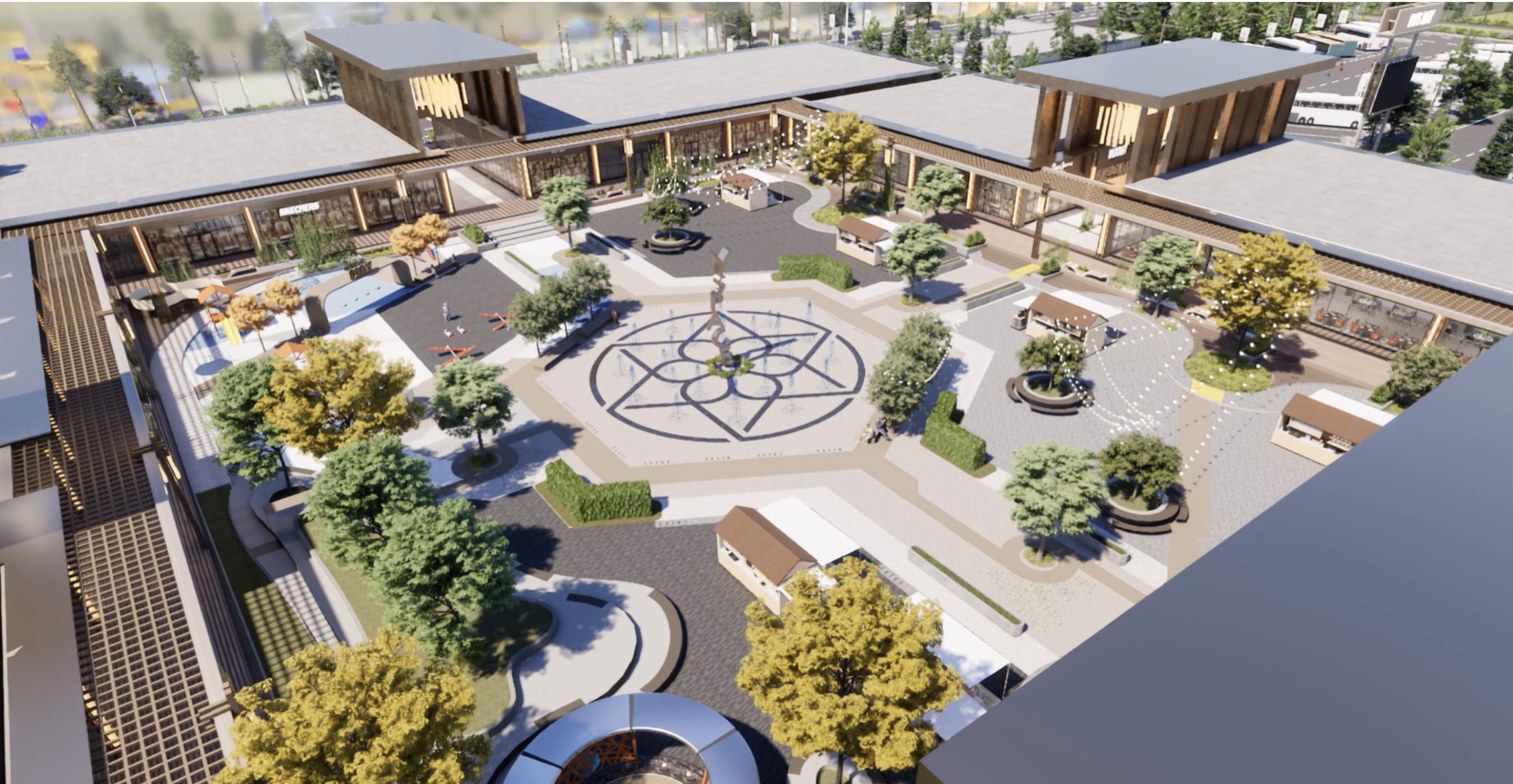 Aerial overview of the yspace campus, plaza and retail wings
