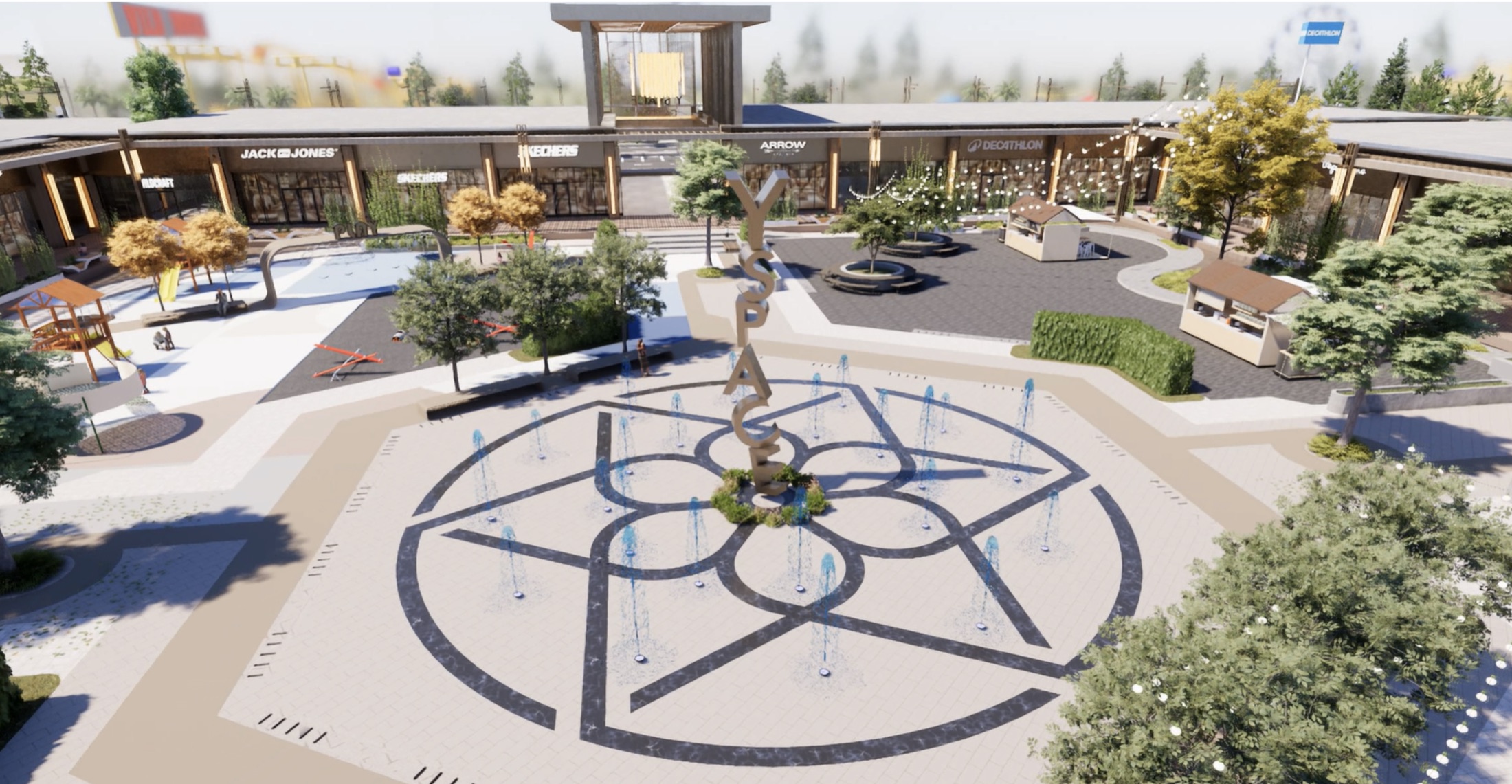 Central plaza with yspace sculpture and choreographed fountains