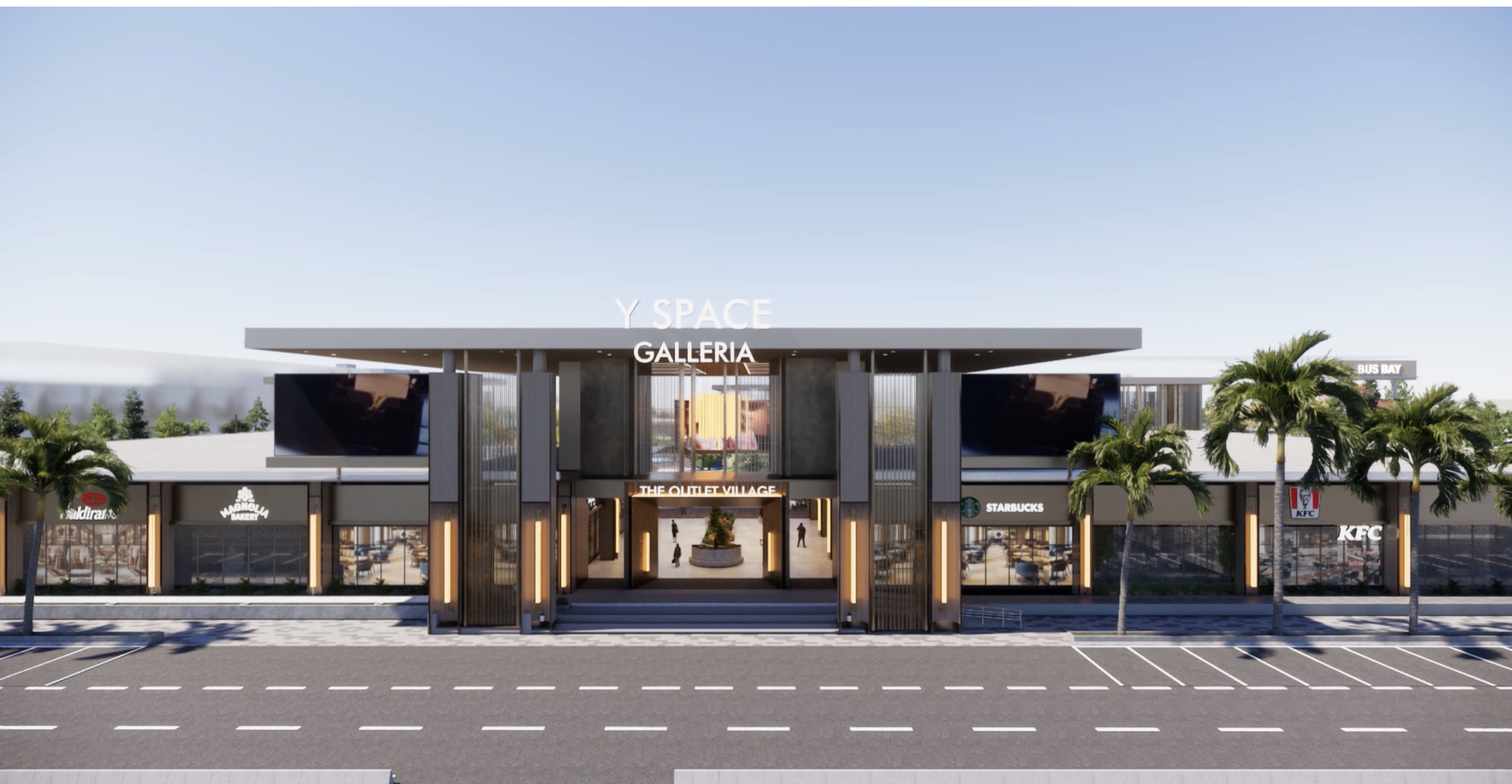 Y Space Galleria front elevation with The Outlet Village entrance