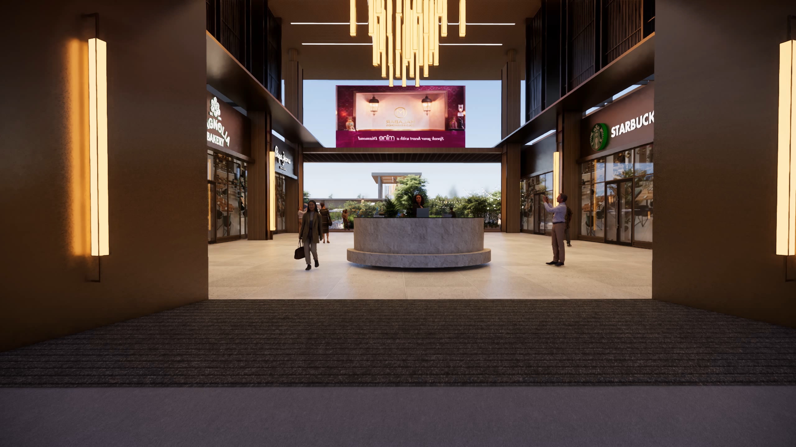 Galleria interior atrium with chandelier and flagship stores