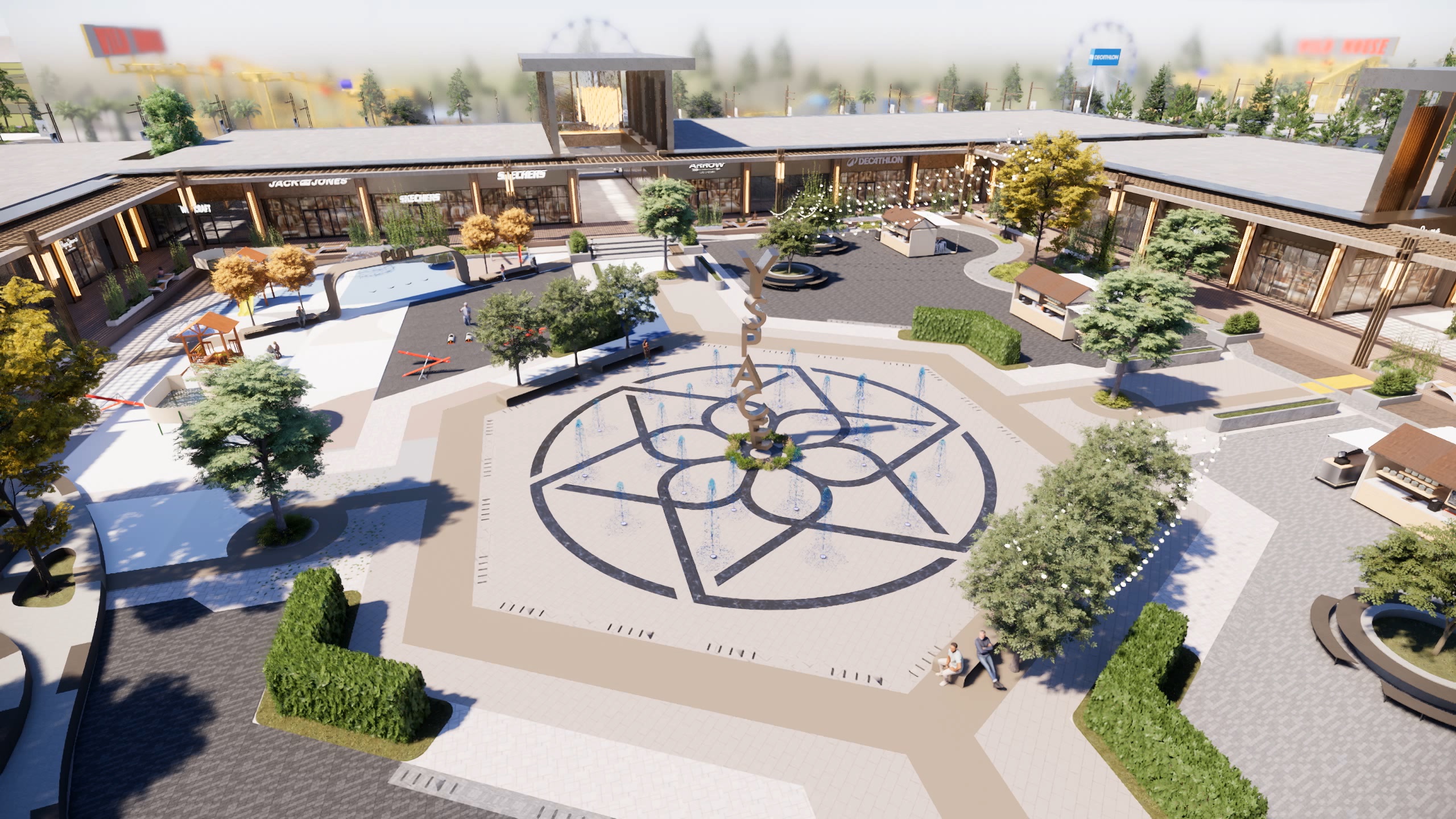Aerial view of the central plaza with fountains and landscaped public realm
