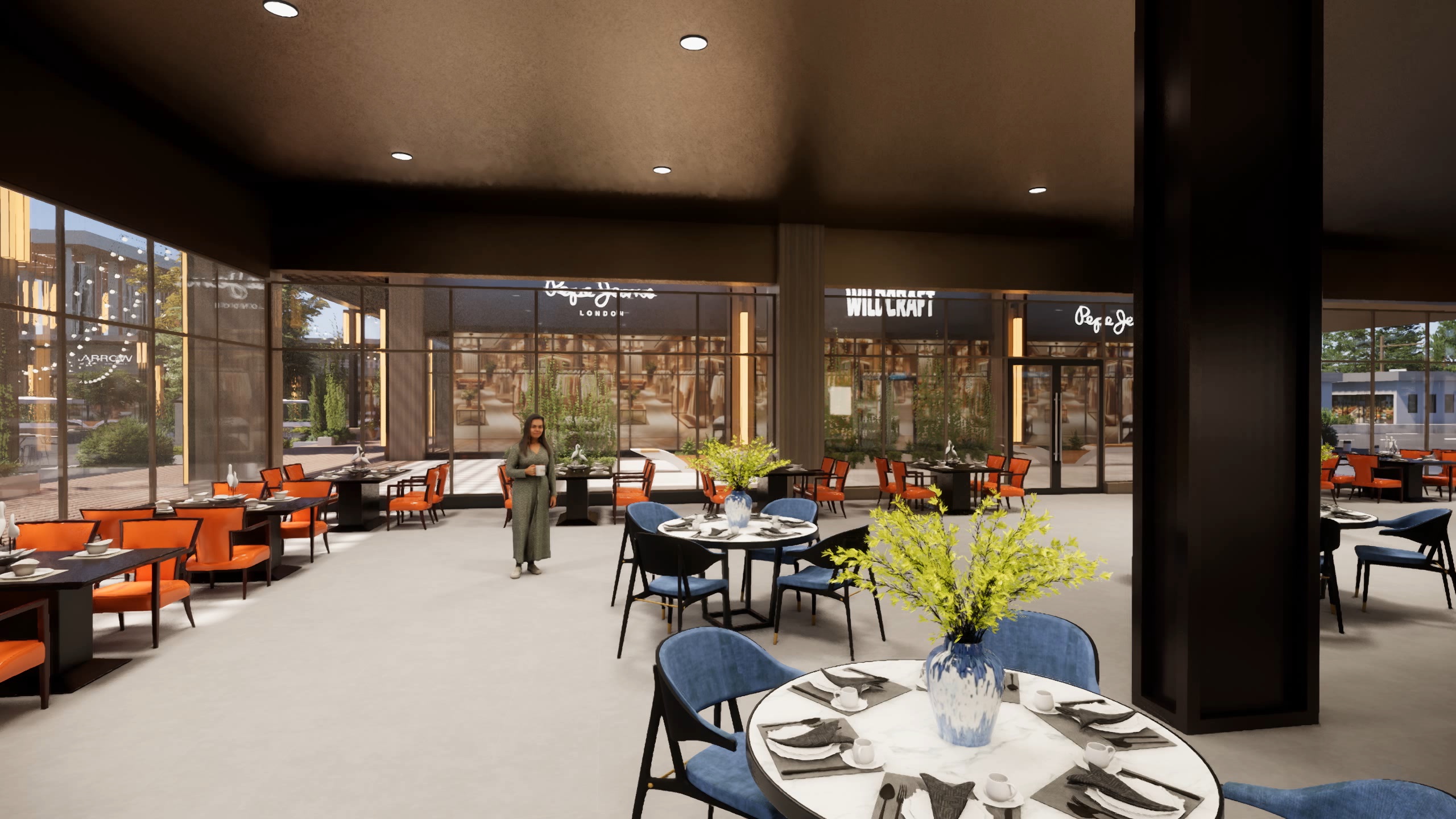 Fine-dining restaurant interior overlooking the campus