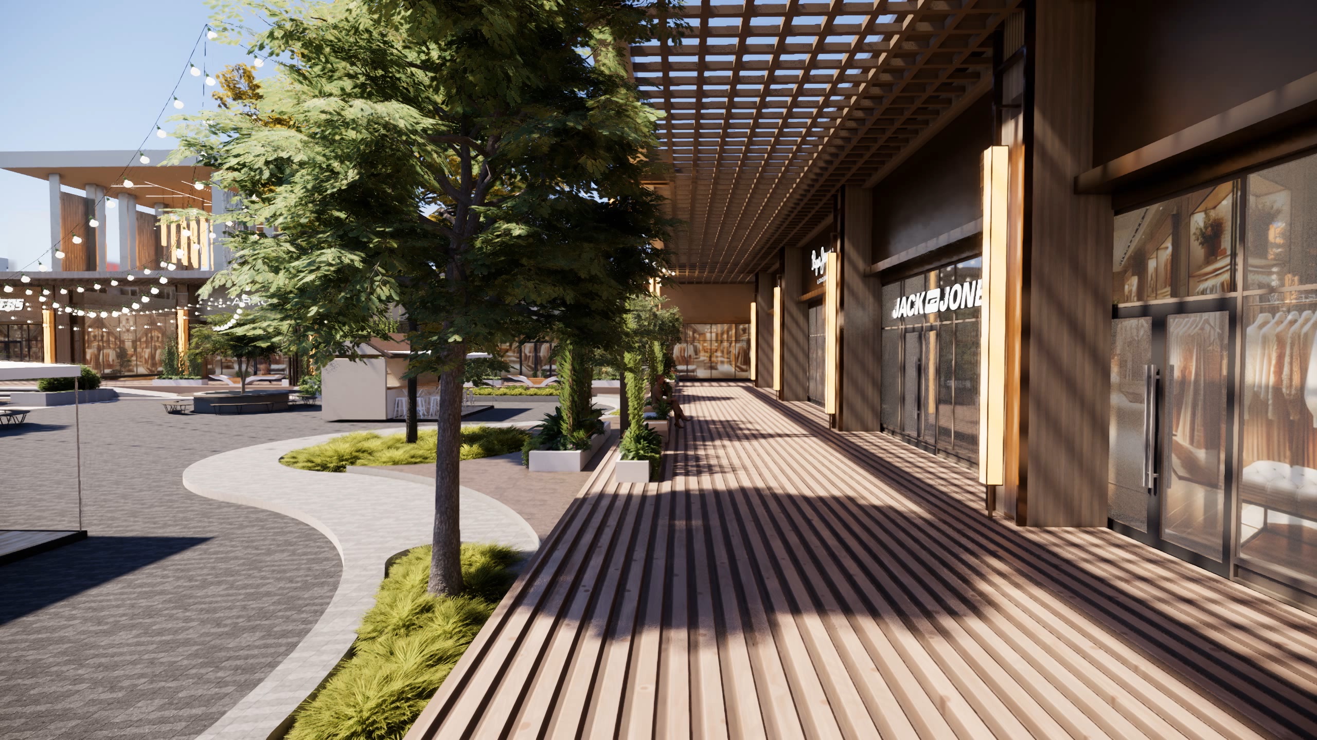 Shaded retail boardwalk with pergola and storefronts